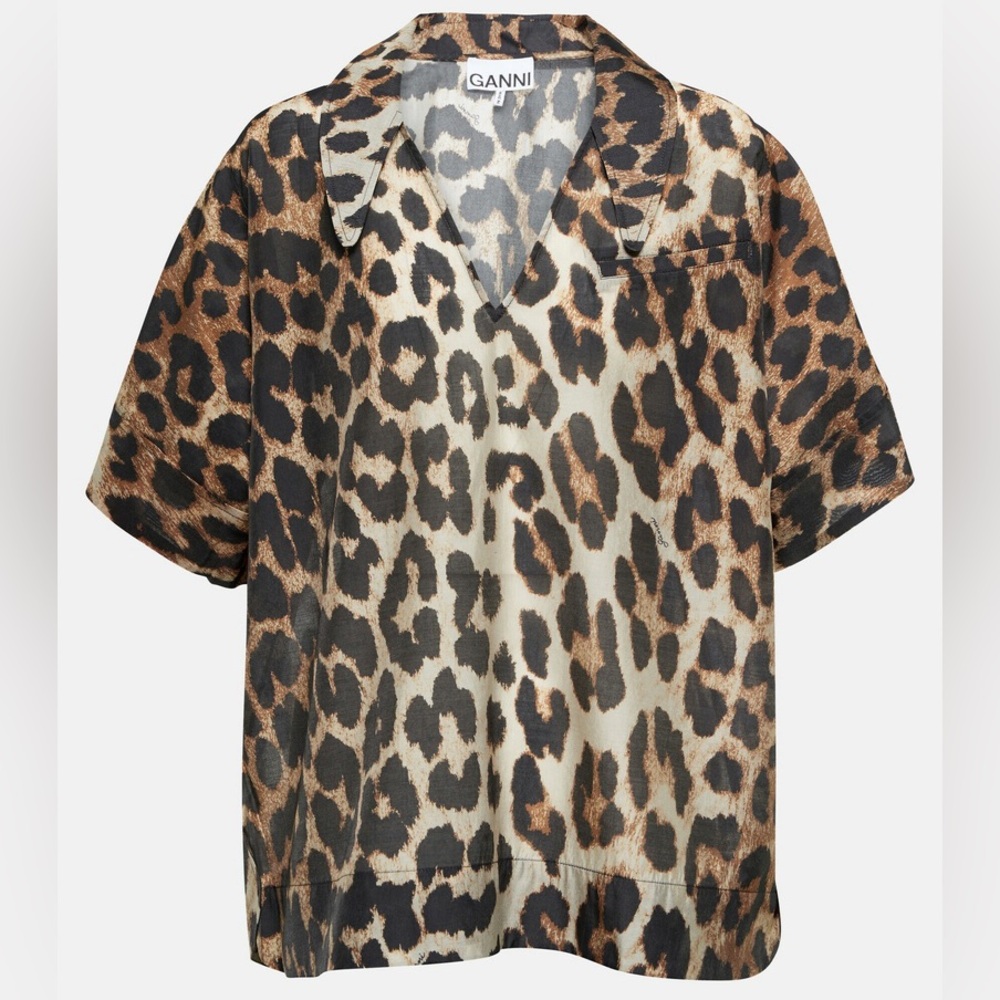 Ganni Leopard Print V-Neck Collared Short Sleeve tencel shirt
